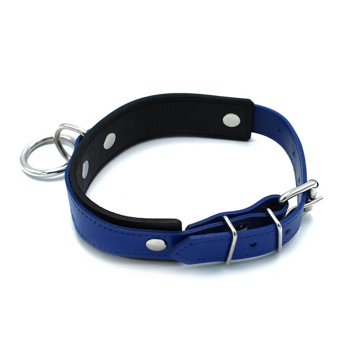 Male Sex Toys | Kiotos Kiotos - Zwart/Blauwe Lederen Collar met Grote O-Ring