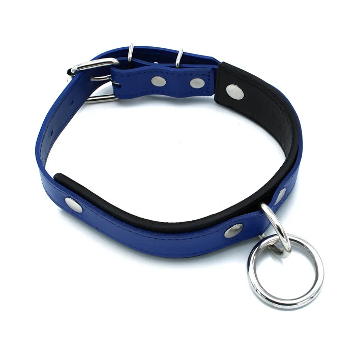 Male Sex Toys | Kiotos Kiotos - Zwart/Blauwe Lederen Collar met Grote O-Ring